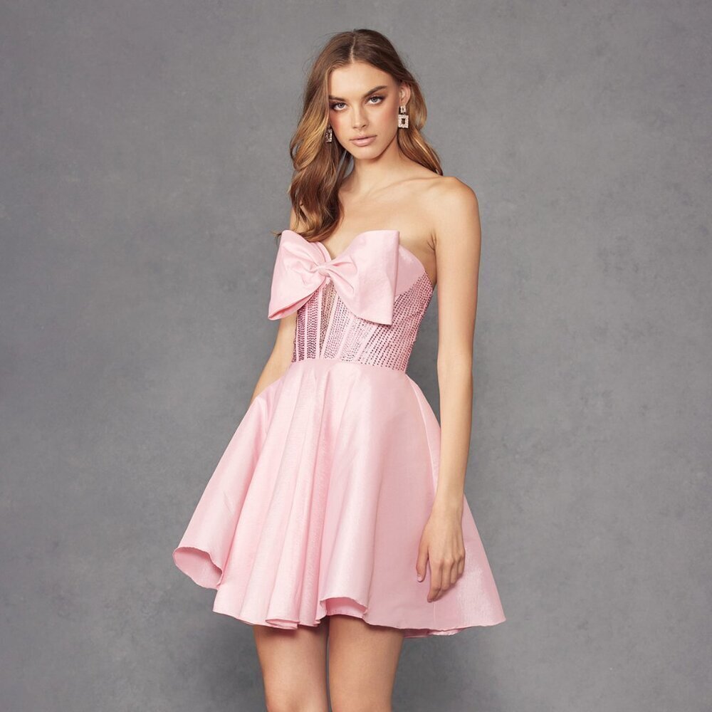New Strapless Short Formal A-Line Dress w/ Oversized Bow & Rhinestones JT961A